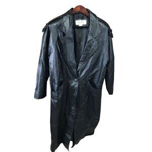 Comint Womens Long Leather Trench Coat Medium One-Button Black Classic Collared